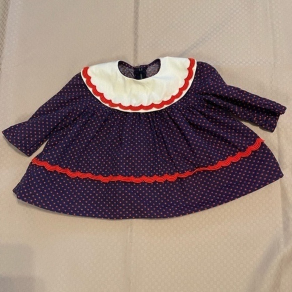 Beautiful, one of a kind, hand made vintage baby dress in navy blue print 3-6 mo